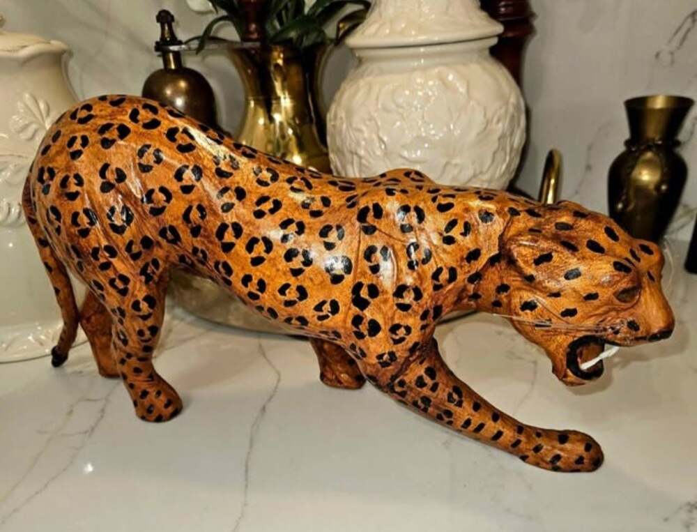 Vintage Handcrafted Leather Wrapped Leopard Figurine with Glass Eyes